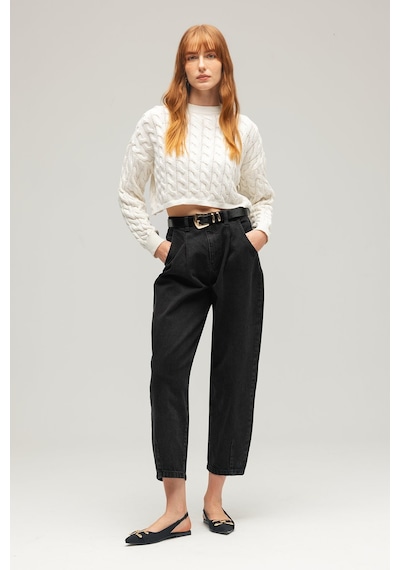 Sââde Kadın Yüksek Bel Relaxed Fit Mom Jean Pantolon - Pileli Siyah