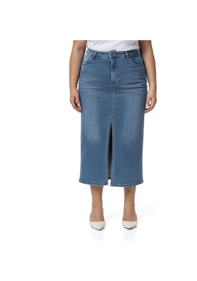 Disentis Büyük Beden Önden Yırtmaç Detaylı Beş Cepli Midi Denim Açık Mavi Etek-açık Mavi Açık Mavi