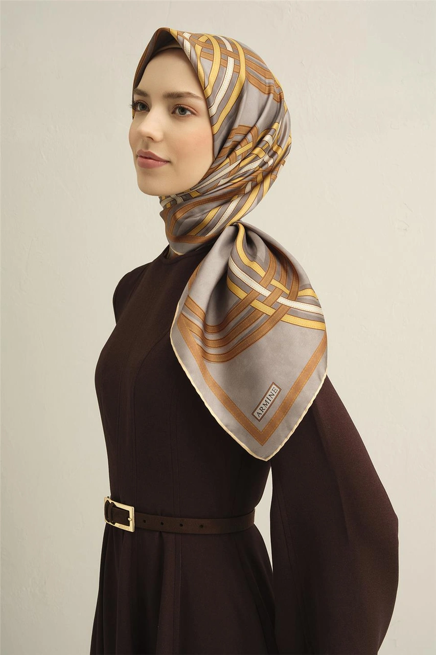Armine Klasik Desenli Saf İpek Twill Eşarp 9333d 32 Sarı