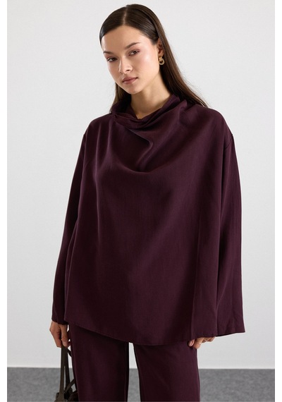 Olcay Degaje Yaka Oversize Pantolon Bluz İkili Takım Mürdüm 9483-tk