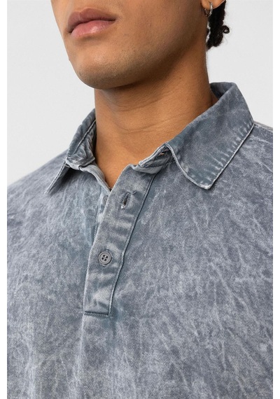 Vamos Yıkamalı Triko Oversize Polo Yaka Tişört V70-53 Gri