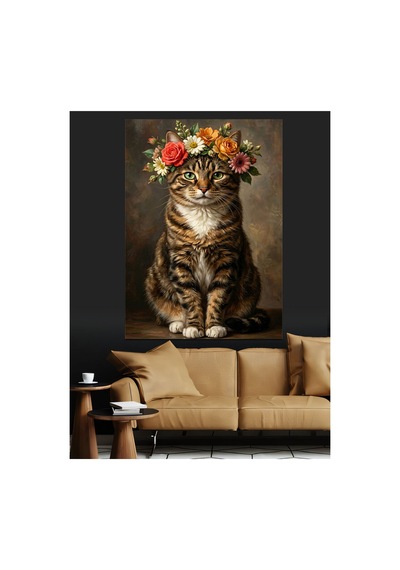 Çiçek Tacı Takmış Masum Kedi Portresi Yağlı Boya Dokulu Kanvas Tablo Canvas Tablosu