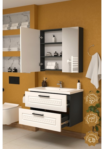 Teta Home Floransa 80 Cm Mdf Gövde Membran Kapak Banyo Dolabı Seti Antrasit - Beyaz Teta Home Floransa 80 Cm Mdf Gövde Membran Kapak Banyo Dolabı Seti Antrasit - Beyaz