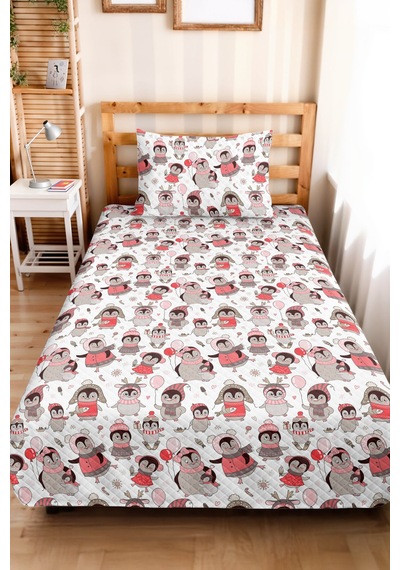 Evimde Bambaşka Penguen Pembe Kız Çocuk Pike Takımı - Sevimli Gri Bebek Odası Mevsimlik Yatak Örtüsü - 160x220  CM