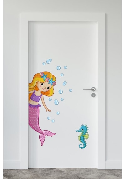 Deniz Kızı Ve Deniz Atı Çocuk Odası Sağ Yön Kapı Duvar Sticker Seti