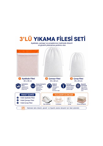 3 Lü Yıkama Filesi Seti 40x38 Cm Ayakkabı Filesi 40x60 Cm Çamaşır Filesi 35x45 Cm Çorap Filesi Diğer