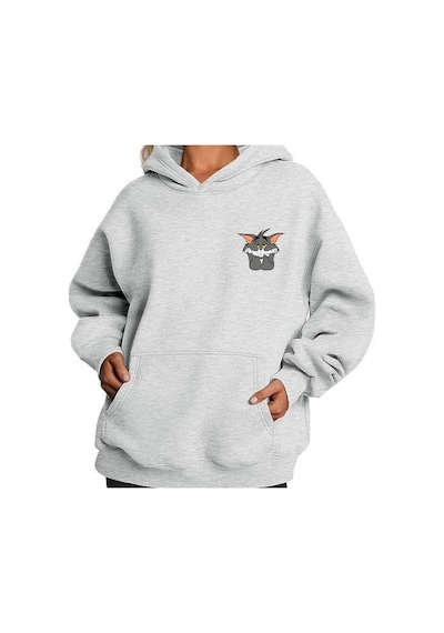 Tom Baskılı Oversize Unisex Kapüşonlu Sweatshirt Gri