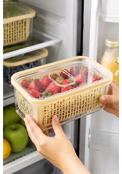 Süzgeçli Fresh Saklama Kabı 3,5 Lt Sebze Meyve Yıkama Ve Saklama Kabı Bej