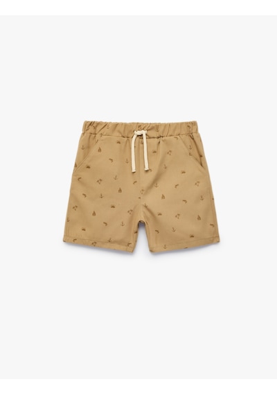 Koton Pamuklu Desenli Beli Bağcıklı Gabardin Şort Deve Tüyü Desenli 7wmb40011tw Camel Desenli