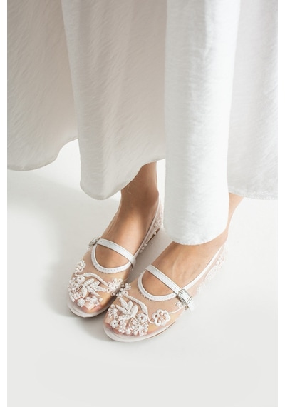 Dabab Shoes Flora Kadın Beyaz İnci İşlemeli Tül Dokulu Bantlı Babet Düz Ayakkabı