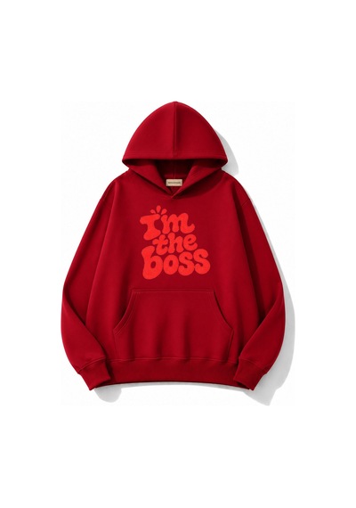 Herkesemoda Yazı Baskılı Kapüşonlu 2 İplik Şardonlu Sweatshirt Kırmızı