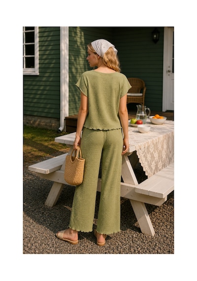 Rindahomewear Bürümcük Kumaş Yeşil Düşük Kol Pijama Takım Yeşil