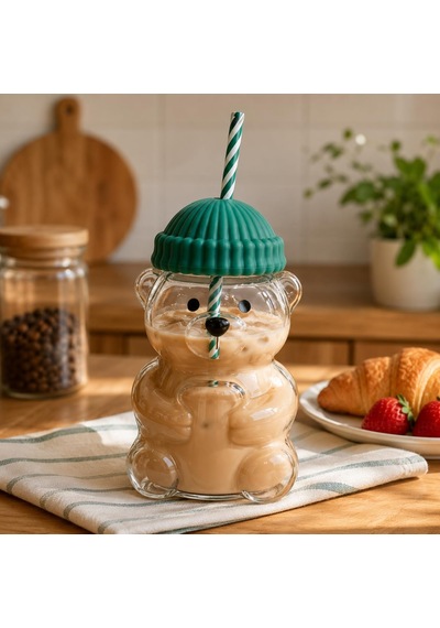 Orret Home 580 Ml Ayıcık Desenli Cam Bardak Pipetli Silikon Kapak Şeffaf Cam