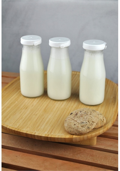 5 Adet Beyaz Plastik Kapaklı Cam Şişe 200 Ml Şeffaf Sürahi Süt, Ayran, Su, Limonata Meşrubat Şişesi