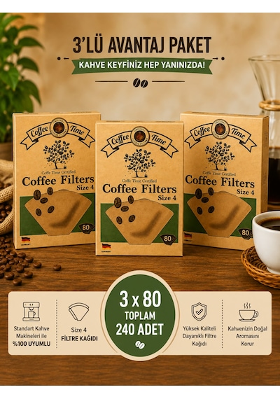 Kahve Filtre Kağıdı No:4 80'li 3'lü Paket Kahverengi