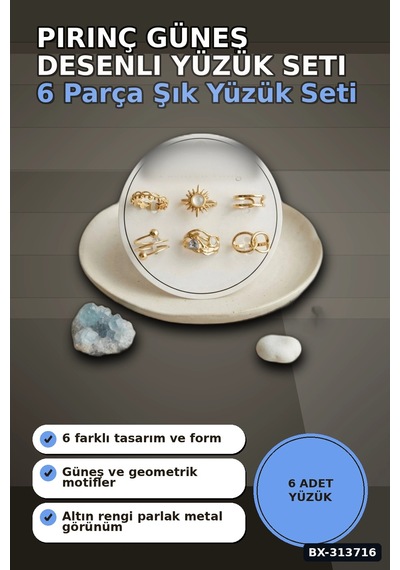 Pirinç Güneş Desenli 6 Adet Yüzük Seti - 7-8 Numara Bayan Takı Hediyelik Bx-313716 Çok Renkli