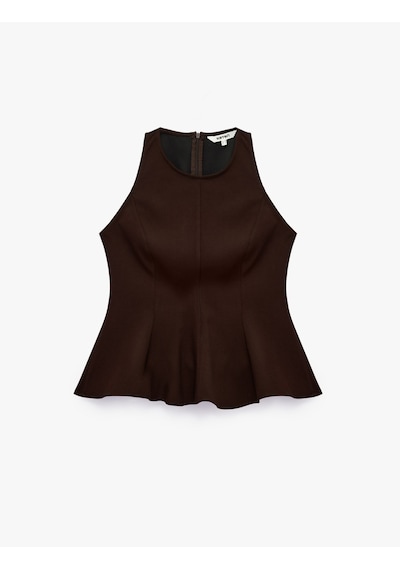 Koton Slim Fit Bisiklet Yaka Kolsuz Peplum Bluz Kahverengi 7wak60033pw Kahve