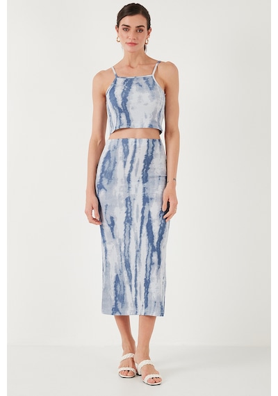 Lela Slim Fit Ip Askılı Yırtmaçlı Midi Alt-Üst Bayan Takım 5869021 Indigo