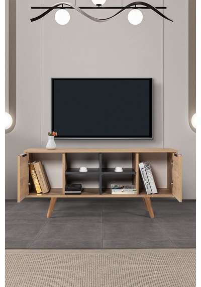 3319 Sina 130 Cm Ahşap Ayaklı , Metal Kulplu Tv Ünitesi , Safir - Antrasit , Tv Sehpası , Salon Safir - Antrasit