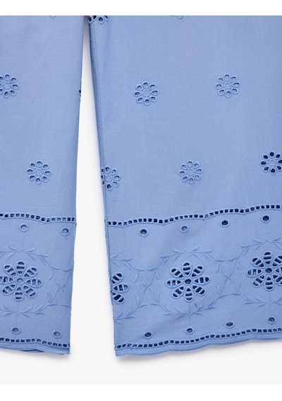 Koton Pamuklu Beli Lastikli Brode Detaylı Geniş Paça Pantolon Mavi 6skg40031aw