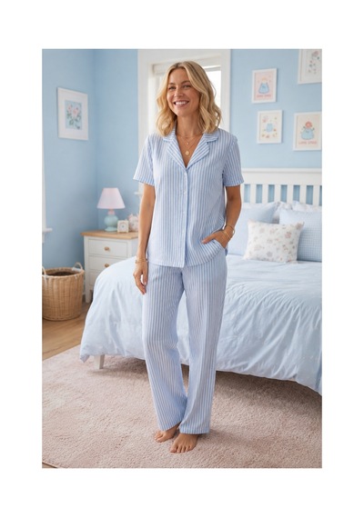 Fit Women Mavi Beyaz Çizgili Bürümçük Kumaş Kısa Kollu Pijama Takımı 4464
