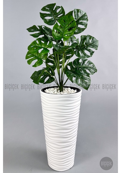 Biçiçek Yapay Monstera Deve Tabani Bi̇tki̇si̇ 130 Cm Beyaz Kumsal Saksıda