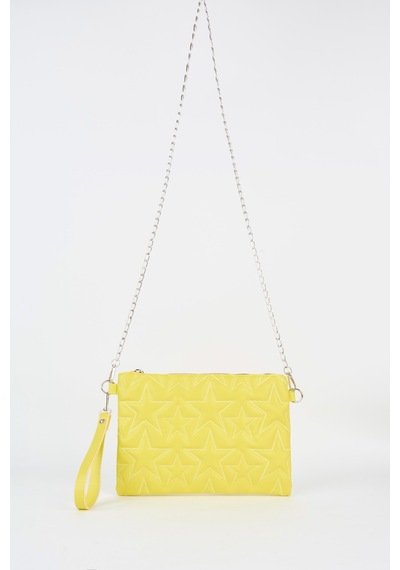 Vivaq Kadın Neon Sarı Yıldız Nakışlı Suni Deri Bilek Ve Zincir Askılı Portföy El Ve Clutch Çanta