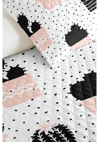 Kaktüs Pudra Genç Odası Tek Kişilik Pike Takımı - Minimal Siyah 160x220 Cm Kapitone Yatak Örtüsü Kabuğu Adaçayı Kokusu