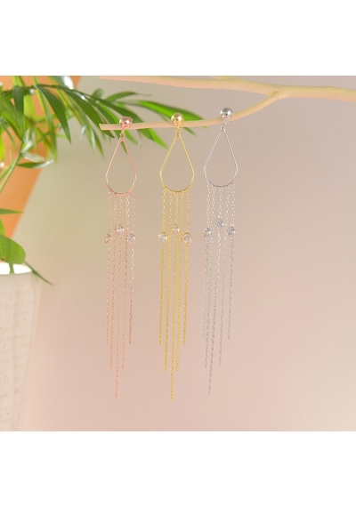 Queen Silver Jewelry 925 Ayar Gümüş Damla Tel Zirkon Sallantılı Küpe Altın
