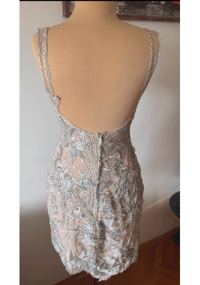 Chica Rosa Fashion Pelerinli Kristal İşlemeli Askılı Mini Elbise Gri - Mavi