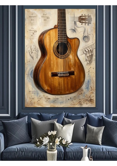 Antik Kağıtta Klasik Akustik Gitar Dekoratif Kanvas - Mdf Ahşap Tablo