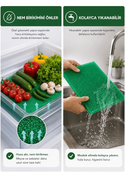 Beylini Buzdolabı Sebze Meyve Matı Rutubet Nem Küf Önleyici Meyve Sebze Saklama Taze Tutma Matı Kesilebilir Yeşil 47x30 Cm