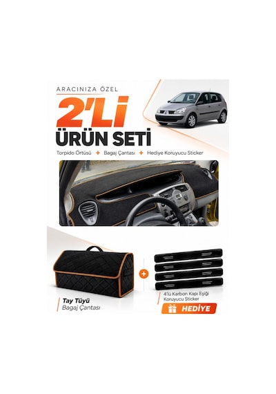 E-biz Renault Scenıc 2 2003-2009 Uyumlu Torpido Örtüsü + Tay Tüyü Çanta - Siyah-kahverengi - Re044