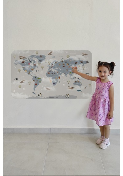 Eğitici Dünya Haritası Dünya Atlası Çocuk Ve Bebek Odası Duvar Sticker-85x130-3826 Çok Renkli
