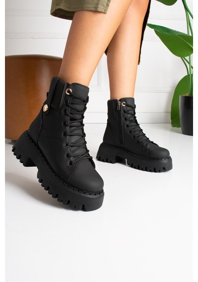 Shoetek Faustina Kadın Bot Bağçıklı Siyah Mat Deri Siyah