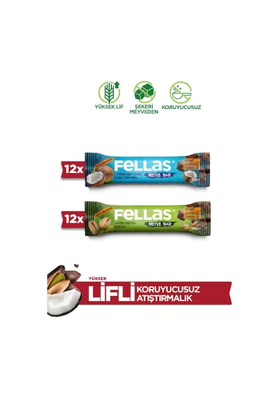 Fellas Meyve Bar 40 G Süper İkili Kutu 24 Adet - Antep Fıstıklı X 12 Adet + Hindistan Cevizli X 12 Adet Fellas Meyve Bar 40 G Süper İkili Kutu 24 Adet - Antep Fıstıklı X 12 Adet + Hindistan Cevizli X 12 Adet