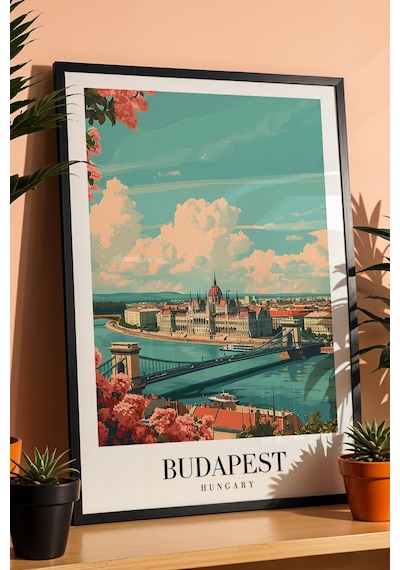 Budapest Hungary Vintage Seyahat Posteri Çerçeveli Tablo - Premium Tuna Nehri Elit Duvar Dekoru Siyah