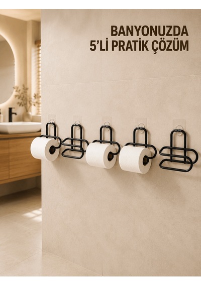 Shnstore 5 Adet Duvara Yapışkanlı Wc Kağıtlık Delmeden Montaj Siyah Metal Tuvalet Kağıdı Askısı Shntknd0720