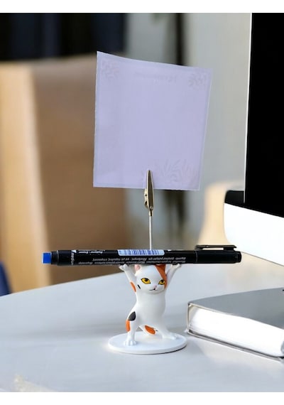Turuncu Benekli Kalem Tutabilen Dansçı Kedi Fotoğraf Not Tutacağı Ofis Masası Hediyelik Beyaz
