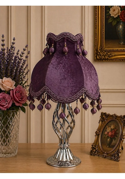 Mor Kadife Kaplı Ponpon Başlıklı Metal Ayaklı Klasik Vintage Abajur 55x25cm