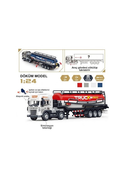 1:24 Ölçek Diecast Metal Kafa Işıklı Ve Sesli Oyuncak Tanker Tırı - Ayrılabilir Dorseli Model Araba