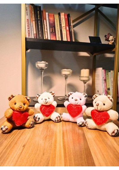 I Love You Seni Seviyorum Mesajlı 4 Adet Sevimli Mini Peluş Ayıcık Kalpli 11x9 Cm Peluş Ayıcıklar Çok Renkli