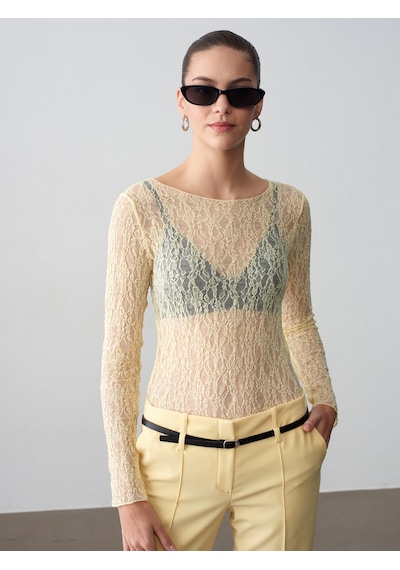 Dilvin 32764 Kayık Yaka Dantel Top-açık Sarı