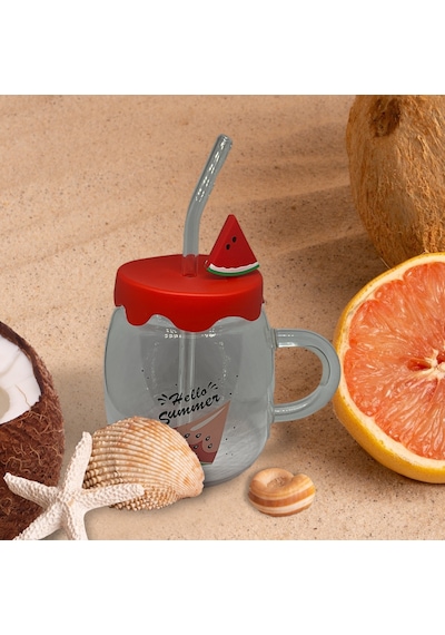 Karpuz Tasarımlı Cam Kupa Bardak - 450 Ml - Silikon Kapaklı - Pipetli Diğer