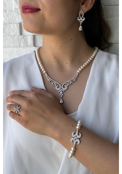 8,5 Mm Koç Başı Zirkon Taşlı İnci Kolye Bileklik Küpe Yüzük Dörtlü Set 12 / Rose Gümüş
