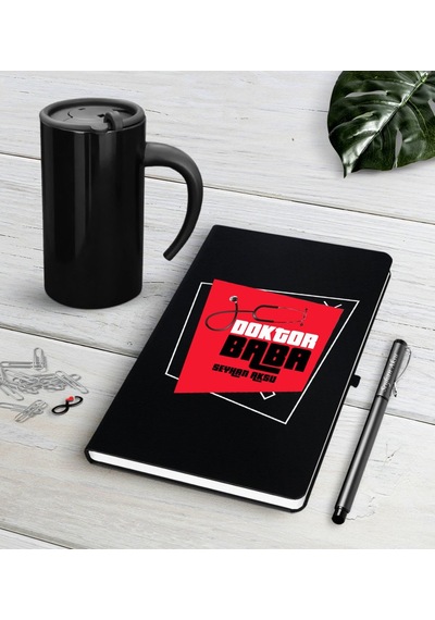 Kişiye Özel Doktor Baba Siyah Defter Kalem Termos Mug Seti-1 Siyah