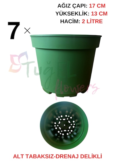 7 Adet Plastik Saksı 2 Litrelik Alt Tabaksız Koyu Yeşil 17 Cm