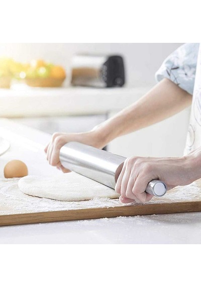 44 Cm Paslanmaz Metal Çelik Merdane Ergonomik Kulplu Çelik Profesyonel Hamur Açma Merdanesi