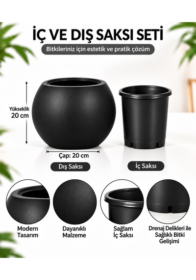 Siyah Yuvarlak Dekoratif Saksı 20x20 Cm İçlikli Ve İçliksiz Kullanım Modern Salon Ve Ofis Saksı -