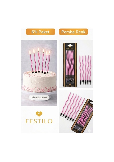 6 Lı Kıvrımlı Mum Pembe Pasta Süsü Spiral Mum Pasta Mumları 16 Cm